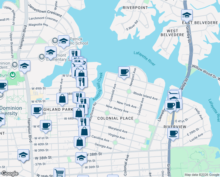 map of restaurants, bars, coffee shops, grocery stores, and more near 4900 Gosnold Avenue in Norfolk