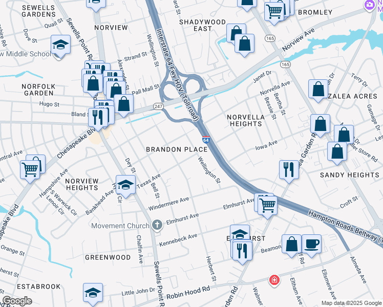 map of restaurants, bars, coffee shops, grocery stores, and more near 5122 Texas Avenue in Norfolk
