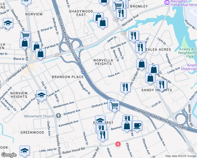 map of restaurants, bars, coffee shops, grocery stores, and more near 5220 Iowa Avenue in Norfolk