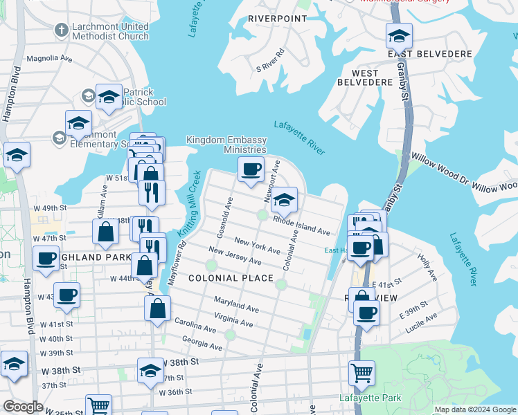 map of restaurants, bars, coffee shops, grocery stores, and more near 4911 Newport Avenue in Norfolk