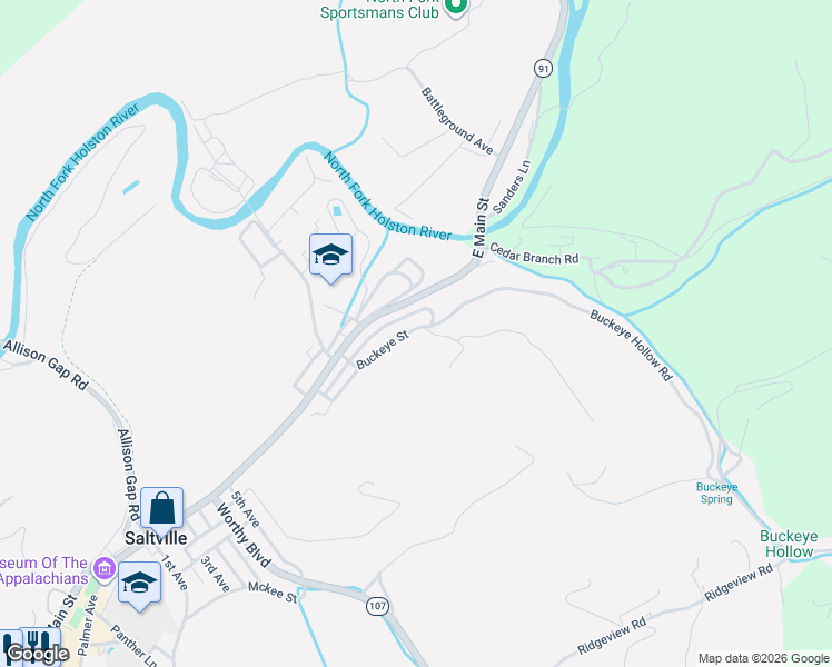 map of restaurants, bars, coffee shops, grocery stores, and more near 276-292 Buckeye Street in Saltville