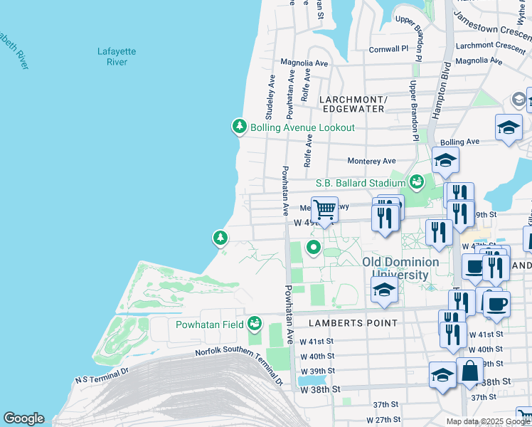 map of restaurants, bars, coffee shops, grocery stores, and more near 1637 Melrose Parkway in Norfolk