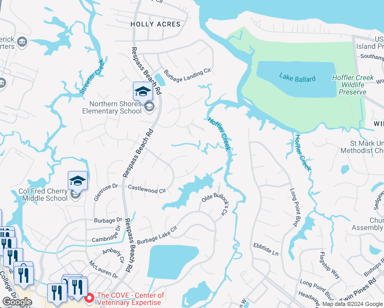 map of restaurants, bars, coffee shops, grocery stores, and more near 6313 Coachman Drive North in Suffolk