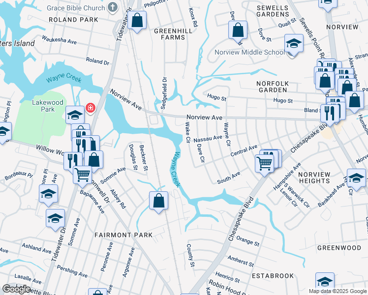 map of restaurants, bars, coffee shops, grocery stores, and more near 3847 Wake Circle in Norfolk