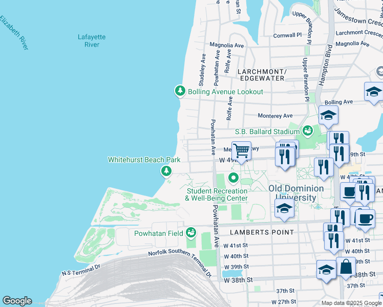 map of restaurants, bars, coffee shops, grocery stores, and more near 1649 Melrose Parkway in Norfolk