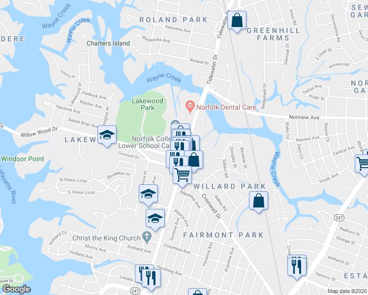 map of restaurants, bars, coffee shops, grocery stores, and more near 5421 Virginia 168 in Norfolk