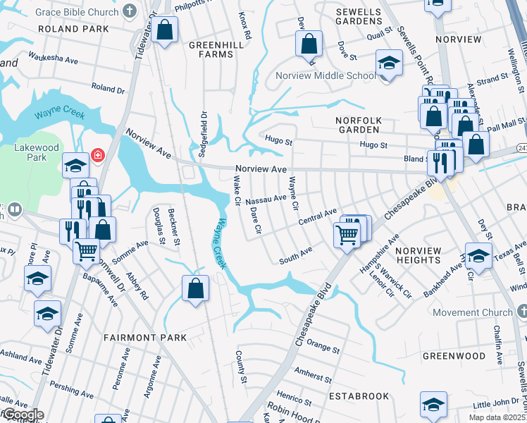 map of restaurants, bars, coffee shops, grocery stores, and more near 3829 Chatham Circle in Norfolk