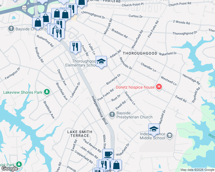 map of restaurants, bars, coffee shops, grocery stores, and more near 4541 Biscayne Drive in Virginia Beach