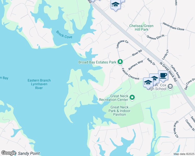 map of restaurants, bars, coffee shops, grocery stores, and more near 2704 River Road in Virginia Beach