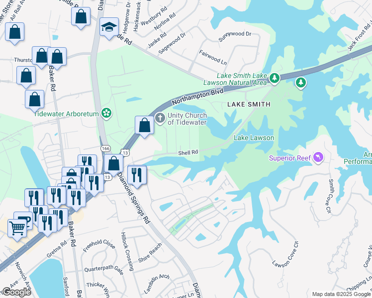 map of restaurants, bars, coffee shops, grocery stores, and more near 5556 Shell Rd in Virginia Beach