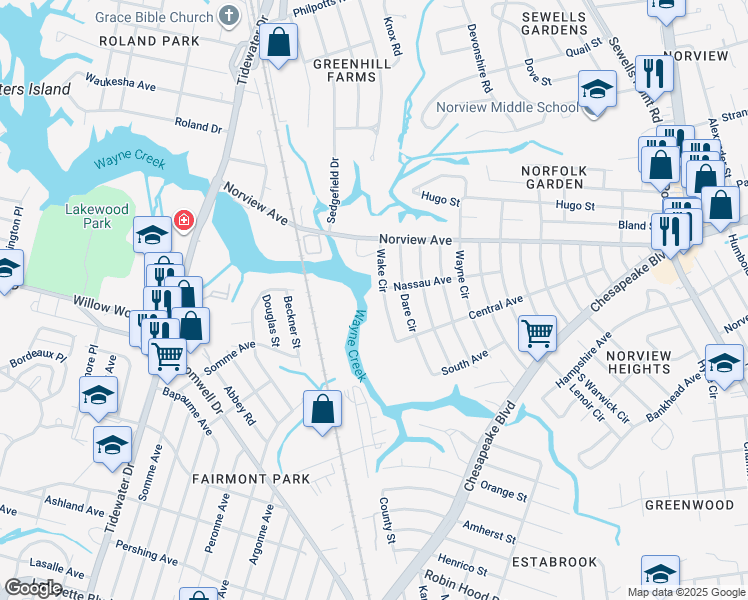 map of restaurants, bars, coffee shops, grocery stores, and more near 3847 Wake Circle in Norfolk