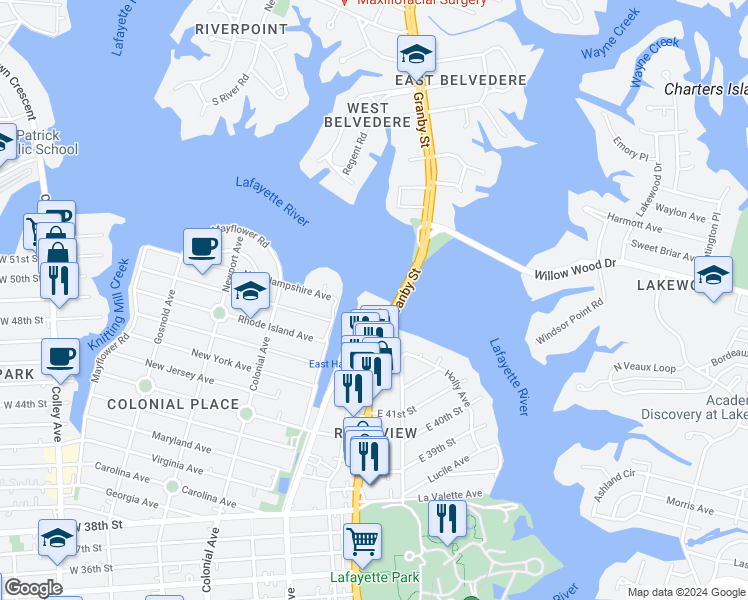 map of restaurants, bars, coffee shops, grocery stores, and more near 4229-4275 Granby Street in Norfolk