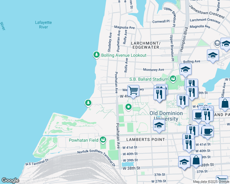 map of restaurants, bars, coffee shops, grocery stores, and more near 1601 Melrose Parkway in Norfolk