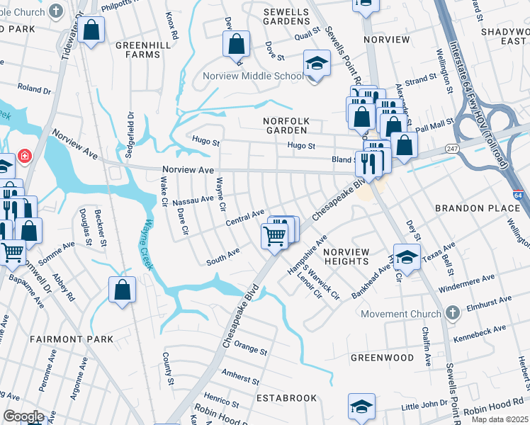 map of restaurants, bars, coffee shops, grocery stores, and more near 3747 Abingdon Circle in Norfolk