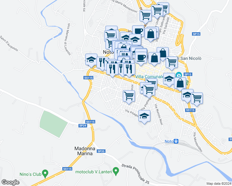 map of restaurants, bars, coffee shops, grocery stores, and more near 8 Via Giuseppe Verdi in Noto
