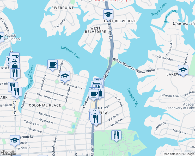 map of restaurants, bars, coffee shops, grocery stores, and more near 4229-4275 Granby Street in Norfolk