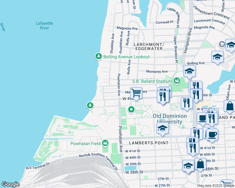 map of restaurants, bars, coffee shops, grocery stores, and more near 1601 Melrose Parkway in Norfolk