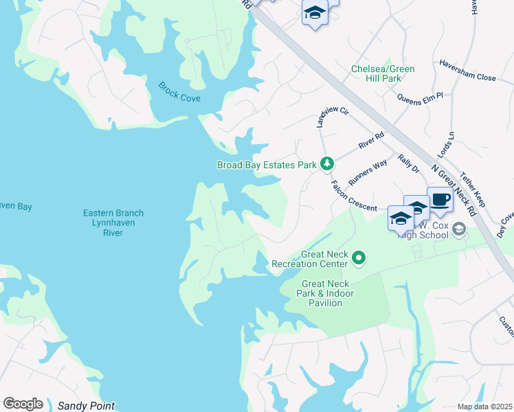map of restaurants, bars, coffee shops, grocery stores, and more near 2704 River Road in Virginia Beach