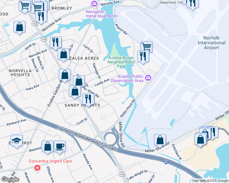 map of restaurants, bars, coffee shops, grocery stores, and more near 5820 Hartwick Drive in Norfolk