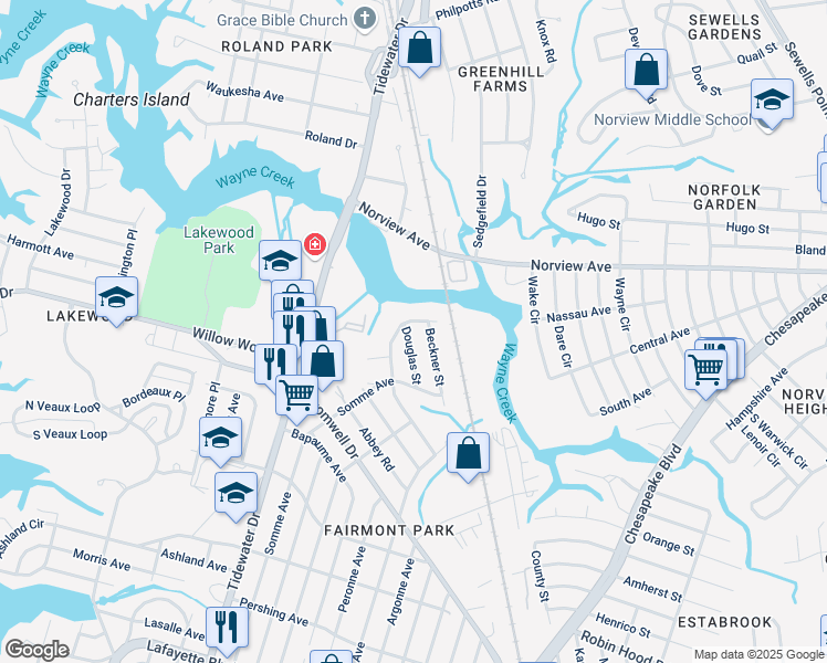 map of restaurants, bars, coffee shops, grocery stores, and more near 5440 Douglas Street in Norfolk