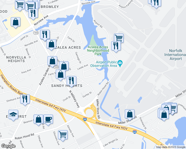 map of restaurants, bars, coffee shops, grocery stores, and more near 5820 Hartwick Drive in Norfolk