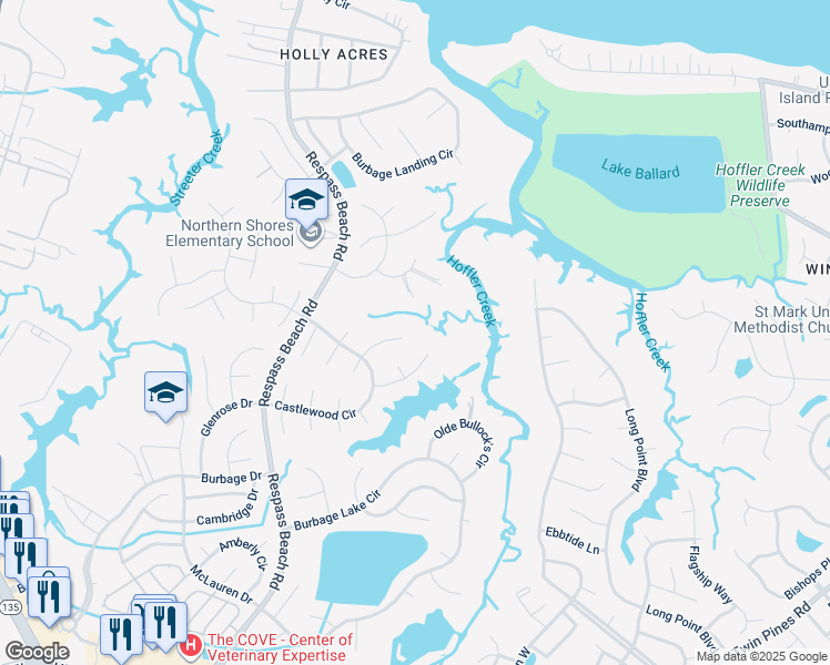 map of restaurants, bars, coffee shops, grocery stores, and more near 6313 Coachman Drive North in Suffolk