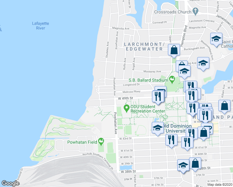 map of restaurants, bars, coffee shops, grocery stores, and more near 4912 Powhatan Avenue in Norfolk