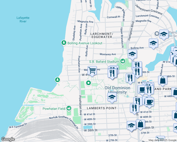 map of restaurants, bars, coffee shops, grocery stores, and more near 1519 Melrose Parkway in Norfolk