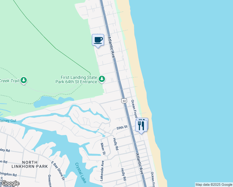 map of restaurants, bars, coffee shops, grocery stores, and more near 204 63rd Street in Virginia Beach