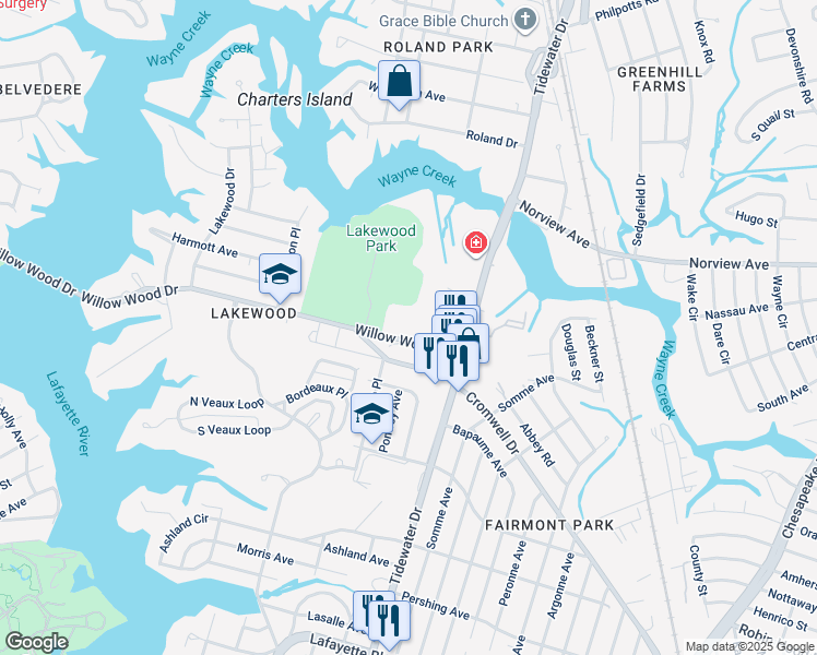 map of restaurants, bars, coffee shops, grocery stores, and more near 1712 Willow Wood Drive in Norfolk