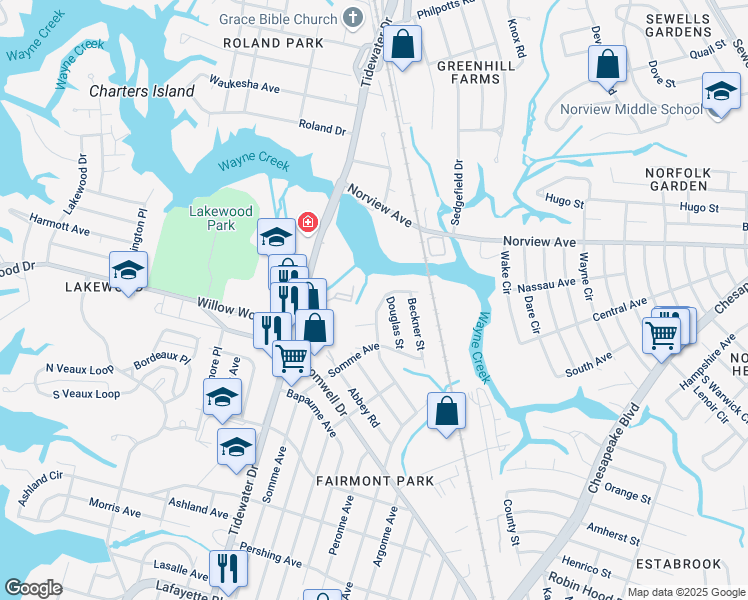 map of restaurants, bars, coffee shops, grocery stores, and more near 5433 Silbert Road in Norfolk