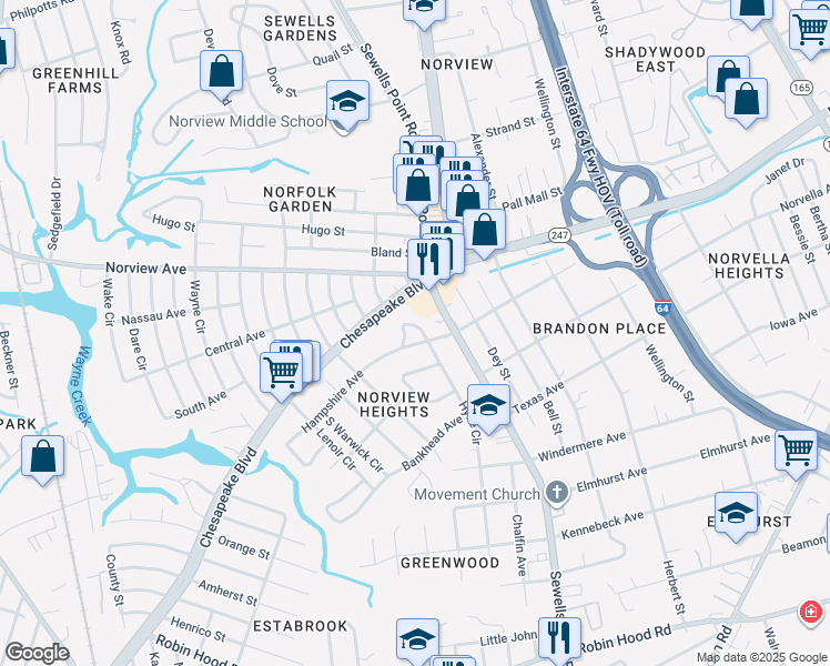 map of restaurants, bars, coffee shops, grocery stores, and more near 3669 Hyde Circle in Norfolk