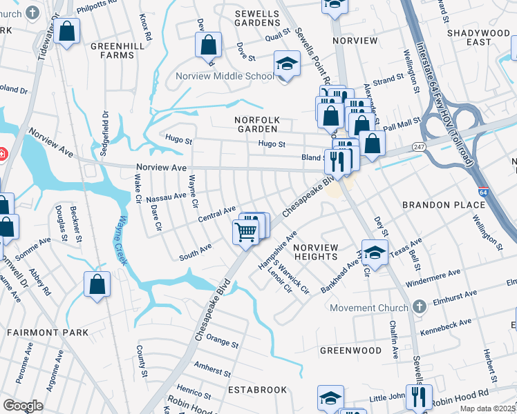 map of restaurants, bars, coffee shops, grocery stores, and more near 3730 Pamlico Circle in Norfolk