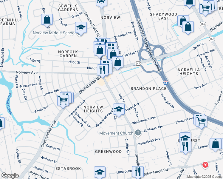 map of restaurants, bars, coffee shops, grocery stores, and more near 3638 Sewells Point Road in Norfolk
