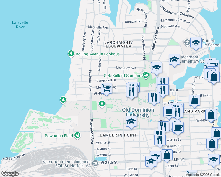 map of restaurants, bars, coffee shops, grocery stores, and more near 1433 Melrose Parkway in Norfolk