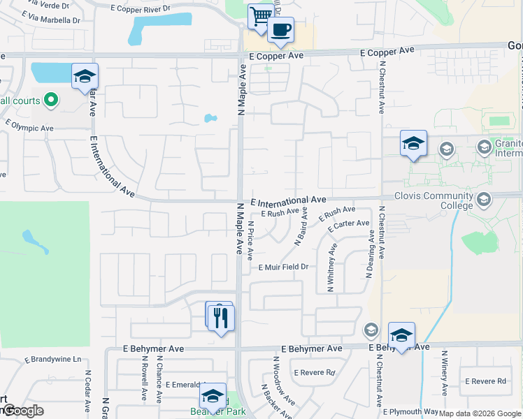 map of restaurants, bars, coffee shops, grocery stores, and more near 2048 East Rush Avenue in Fresno