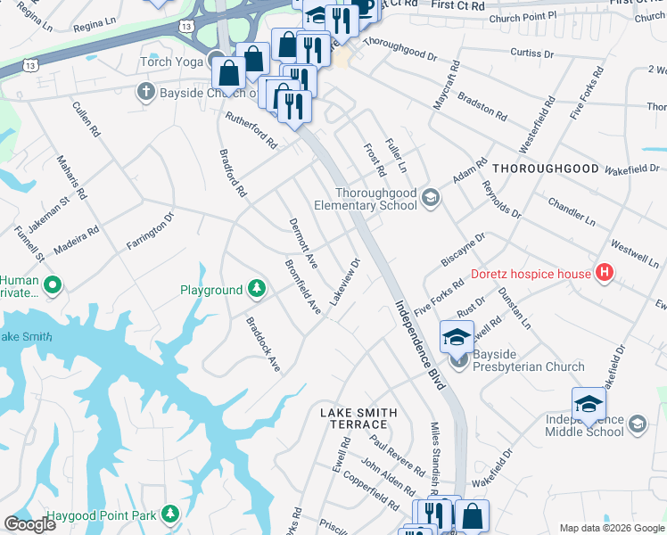 map of restaurants, bars, coffee shops, grocery stores, and more near 1416 Dermott Avenue in Virginia Beach