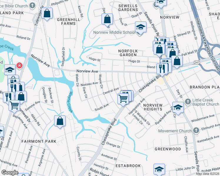 map of restaurants, bars, coffee shops, grocery stores, and more near 3810 Nansemond Circle in Norfolk