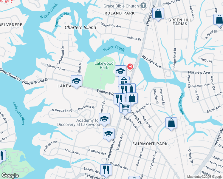 map of restaurants, bars, coffee shops, grocery stores, and more near 1738 Willow Wood Drive in Norfolk