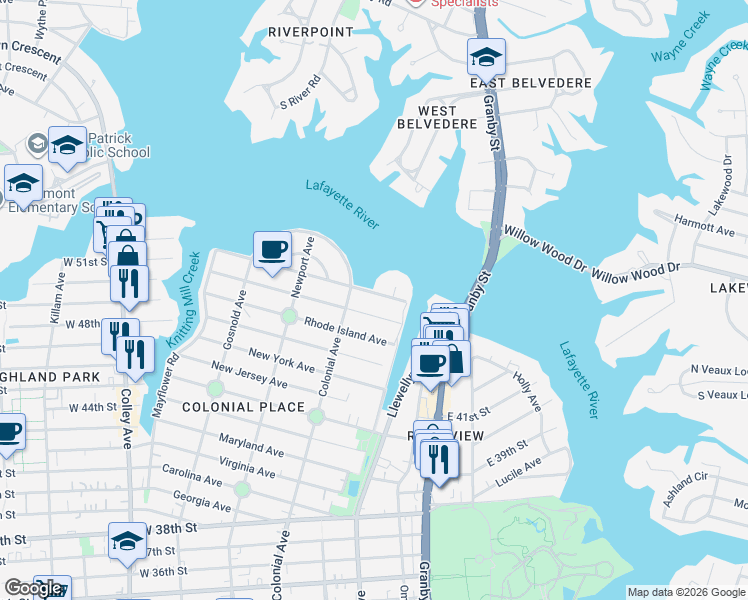 map of restaurants, bars, coffee shops, grocery stores, and more near 425 New Hampshire Avenue in Norfolk