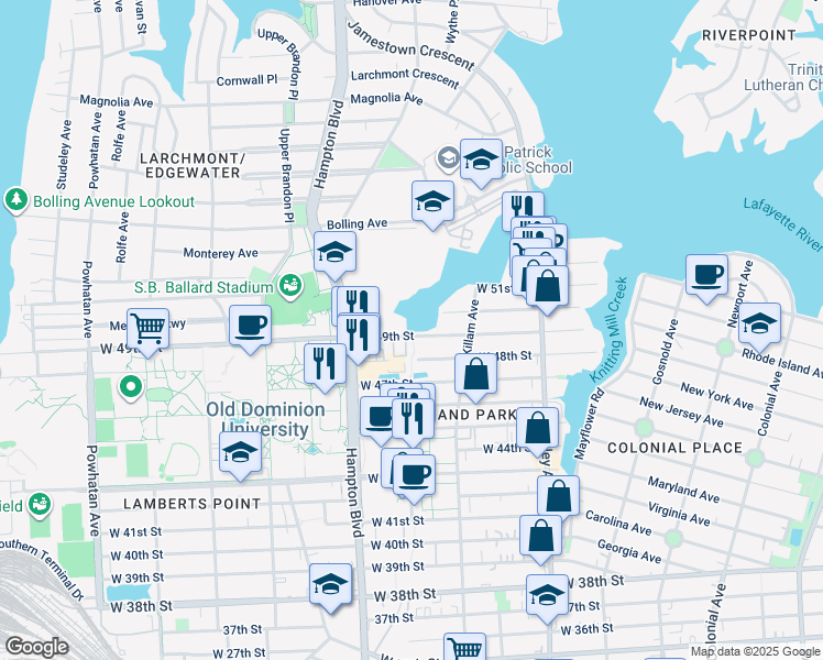 map of restaurants, bars, coffee shops, grocery stores, and more near 1030 West 49th Street in Norfolk