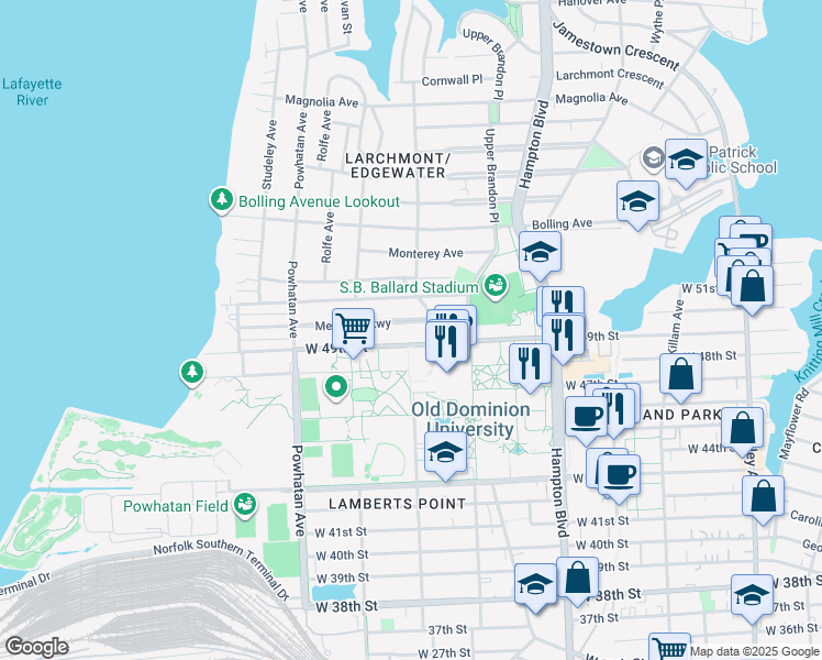 map of restaurants, bars, coffee shops, grocery stores, and more near 1345 Melrose Parkway in Norfolk