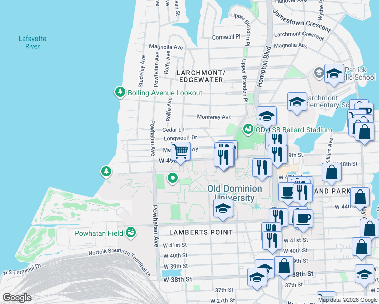 map of restaurants, bars, coffee shops, grocery stores, and more near 1433 Melrose Parkway in Norfolk