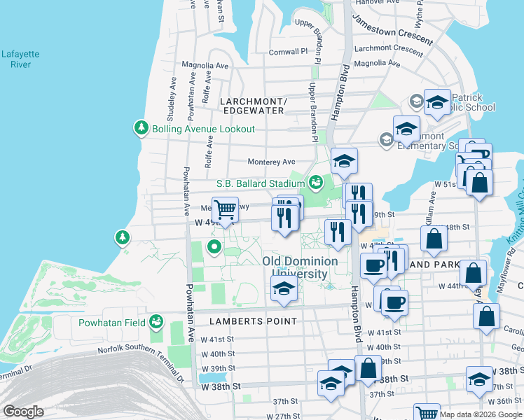 map of restaurants, bars, coffee shops, grocery stores, and more near 1345 Melrose Parkway in Norfolk