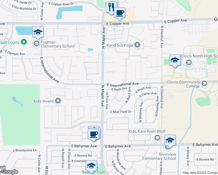map of restaurants, bars, coffee shops, grocery stores, and more near 2048 East Rush Avenue in Fresno