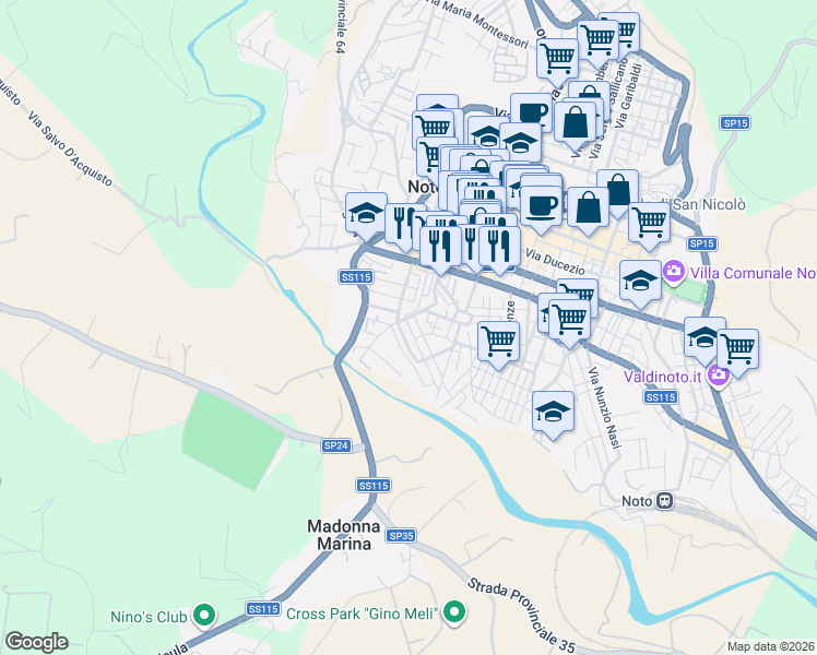map of restaurants, bars, coffee shops, grocery stores, and more near 15 Via Gioacchino Rossini in Noto