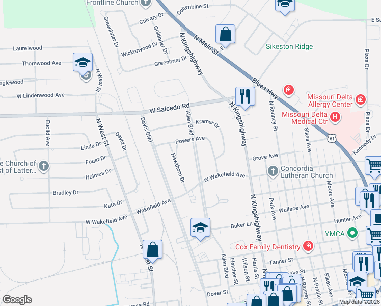 map of restaurants, bars, coffee shops, grocery stores, and more near 915 Allen Boulevard in Sikeston