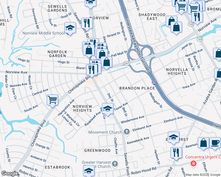 map of restaurants, bars, coffee shops, grocery stores, and more near 3625 Bell Street in Norfolk