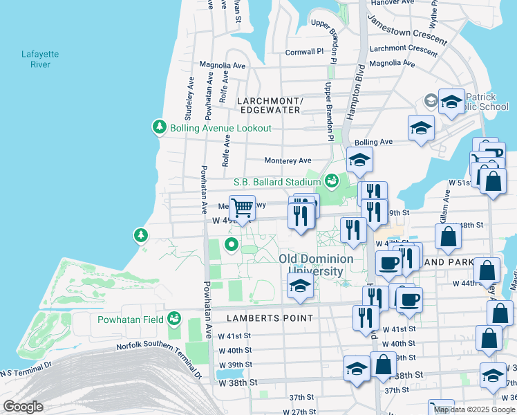 map of restaurants, bars, coffee shops, grocery stores, and more near 1433 Melrose Parkway in Norfolk