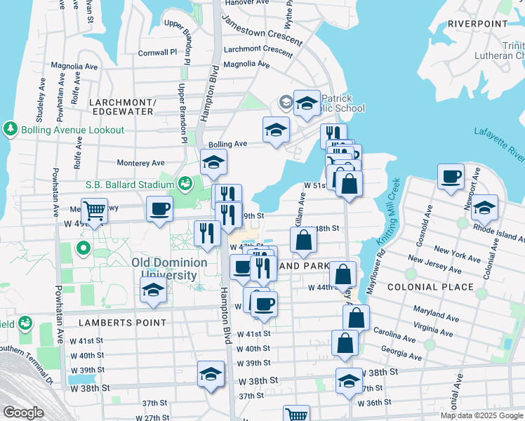 map of restaurants, bars, coffee shops, grocery stores, and more near 1030 West 49th Street in Norfolk